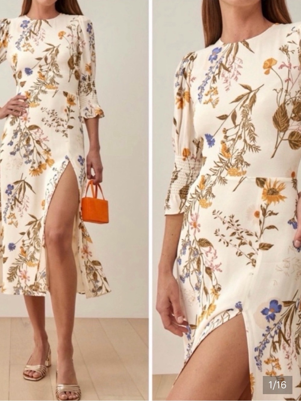 Reformation Cream Floral Midi Dress with Thigh Split. Size 0